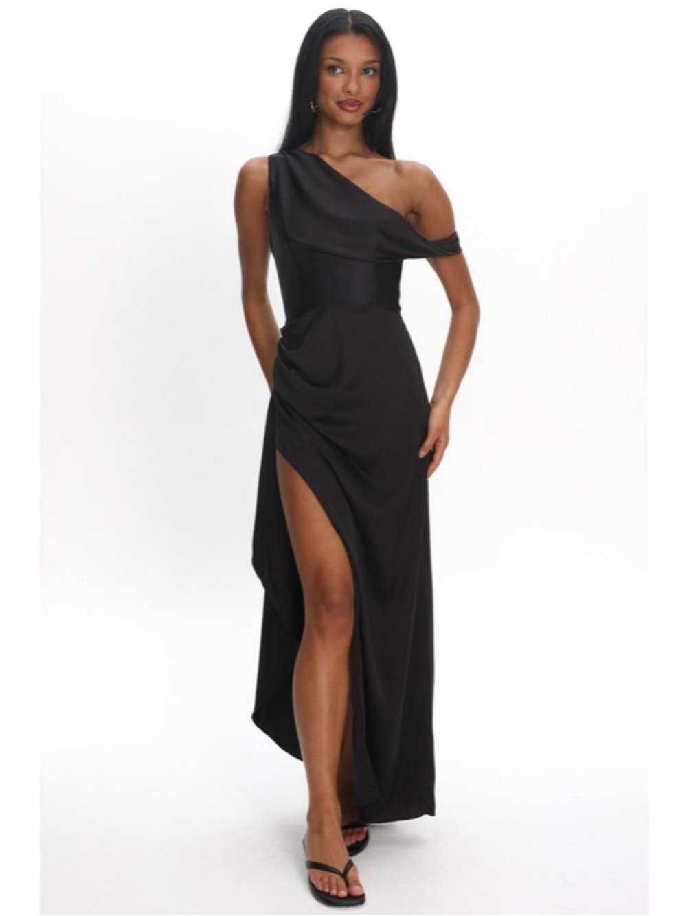 NWT Selfie Leslie Sensations‎ Off Shoulder Satin Maxi Dress Black Womens Size M
